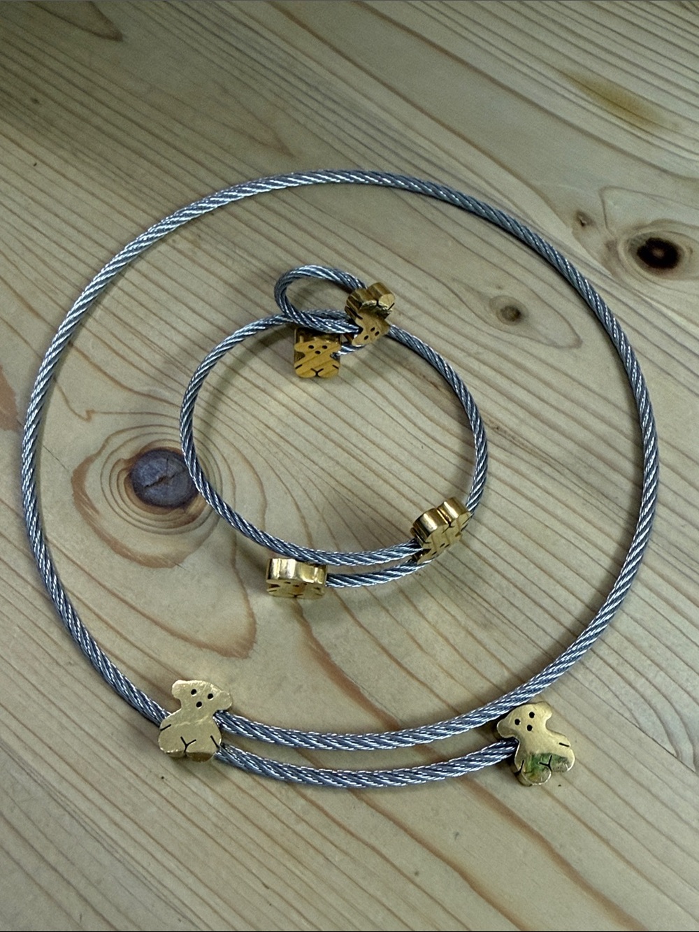 Fashion Jewelry Silver Cable Necklace and Bracelet Set with Gold Accents